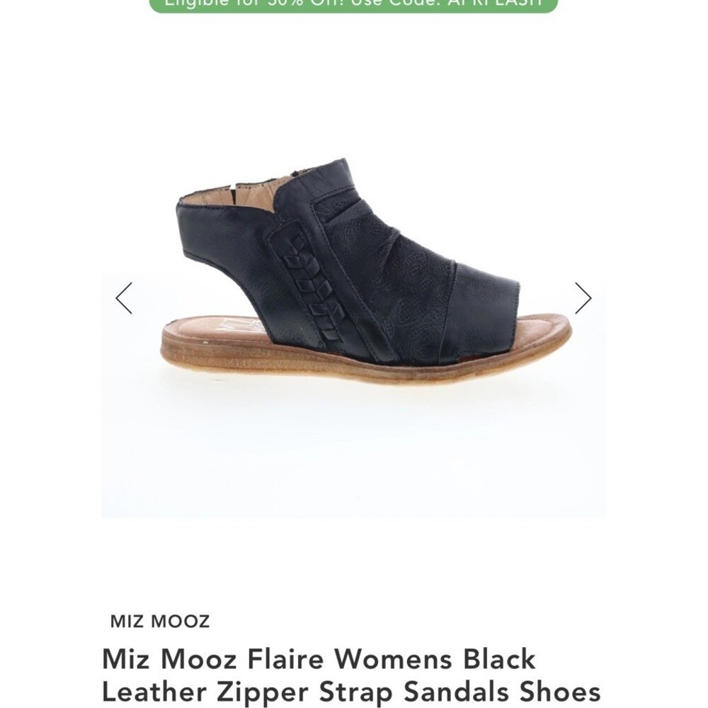 $175 Miz Mooz Flaire Womens Black Leather Zipper Strap Sandals Shoes Flats 8 39